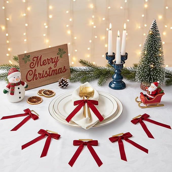 Riceshoot Velvet Bow Napkin Rings Bows with Gold Semicircle Metal Napkin Ring Velvet Bow Holder for Wine Bottles Table Settings Candlestick Wedding Valentine's Day Dinner(Claret Red,6 Pcs)
