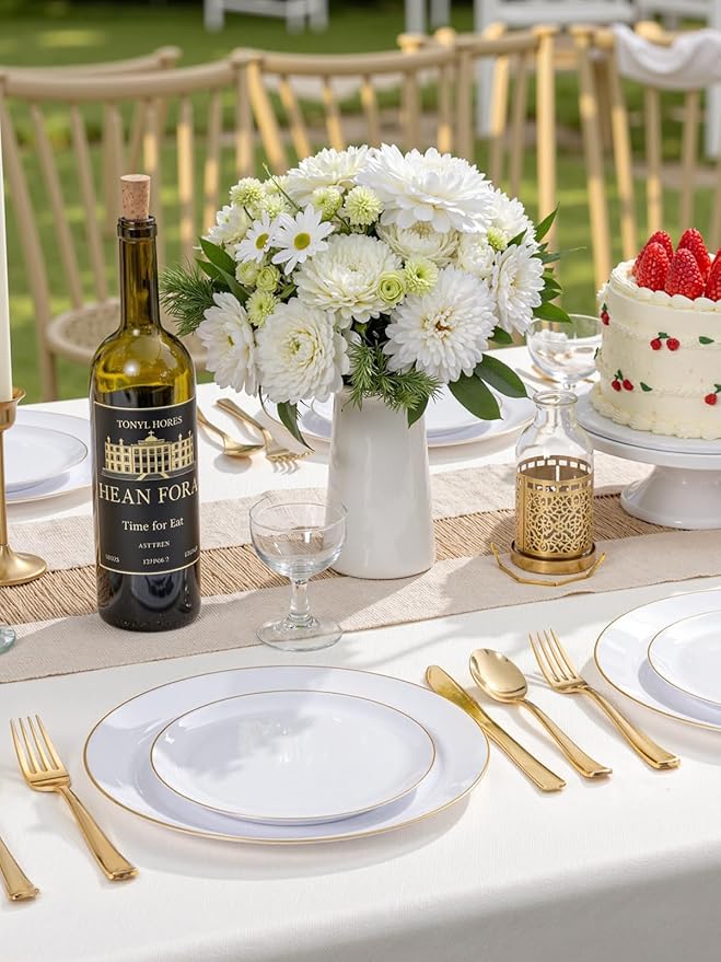 WDF 300PCS White and Gold Plates - Wedding Plastic Dinnerware Set for 50 Guests Include 50 Dinner & 50 Cake Plates, 50 Cutlery, 50 Cups for Wedding Birthday Valentine's Day