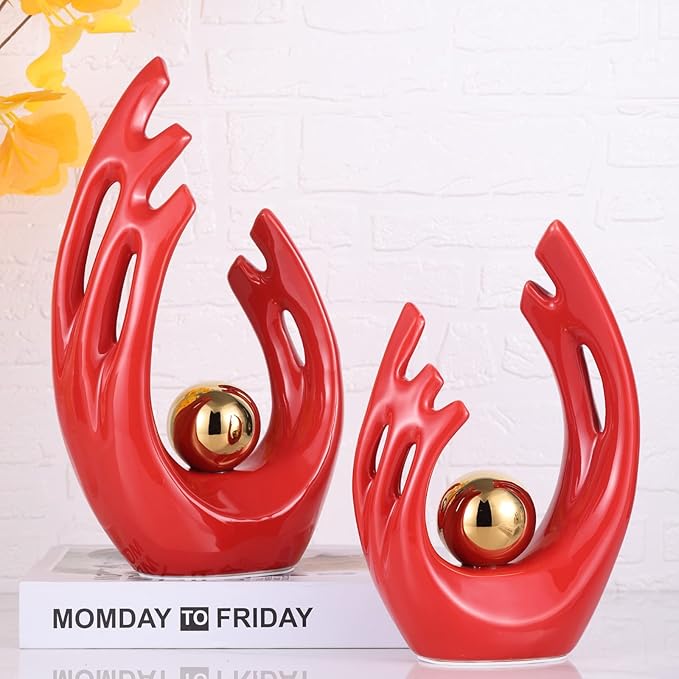 LCCCK 12" H Red Gold Aesthetic Room Decor Accent, TV Stand Funky Table Centerpiece, Abstract Art Ceramic Statue and Sculpture, Red Decor for Living Room, Bookshelf Decorative Objects, Shelf Decor
