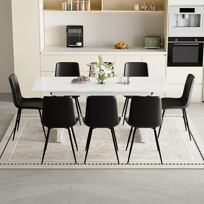 Extendable Dining Table Set for 8, 55"–71" Modern White Kitchen Table with 8 Upholstered Chairs, Space-Saving for Living Room Apartment, Sturdy & Comfortable, Easy Assembly