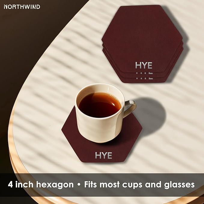 Northwind Personalized Leather Coasters – Set of 4 Full-Grain Leather 4” Hexagon Drink Coasters with Custom Engraved Monogram Initials – Stylish Home Décor for Weddings and Holidays
