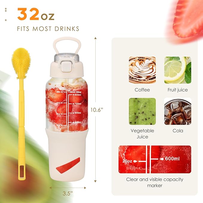 SIEROZUR 32 oz Glass Tumbler with Straw, Glass Water Bottles with 2 Lids-Handle Spout Lid & Straw Lid, 1 Liter Motivational Water Bottles, Silicone Sleeve, Fits Car Cup Holder,White