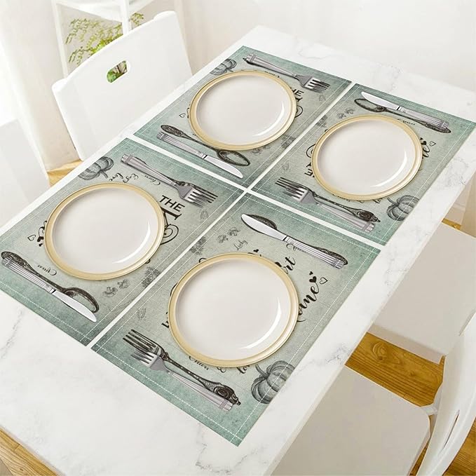 Retro Farmhouse Placemat Set, Minimal Green Gradient Rustic Plank Art Sketch Cutlery Knife Fork Inspirational Quotes Pattern Home Decor Linen Table Mats for Dining Room Kitchen Party (17x12in) x6P