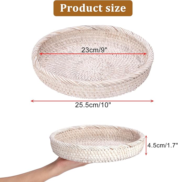 Hipiwe Key Basket Bowl for Entryway 10" Round Woven Wicker Fruit Tray Serving Tray Decorative Storage Organizer for Wallet Cellphone Basket Bowl for Kitchen Living Room, Medium