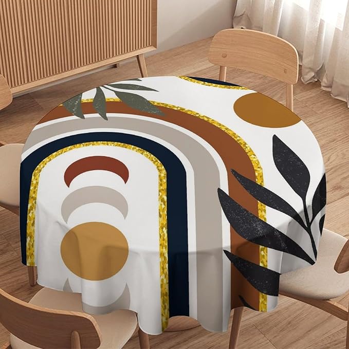 Mid Century Boho Round Tablecloth, Modern Abstract Sun Moon Bohemian Leaves Tablecloth for Home Party Dining Room Kitchen Decor 50Inch(127cm)