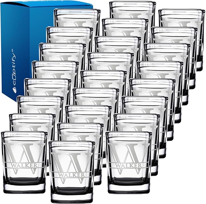 Personalized Square Shot Glasses Set of 25 Black Bottom 2oz Engraved Initial and Name Custom Gifts, Weddings, Birthdays, Party, Event, Decorations