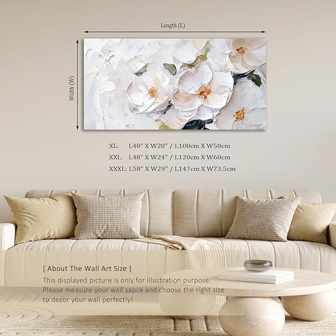 ADJUVANT Wall Art Impressionist Minimalist White Floral 40"L x 20"W, White Flowers With Subtle Tones Canvas Painting Delicate Petals Artwork Floral Wall Decor for Living Room Bedroom Bathroom Home Office