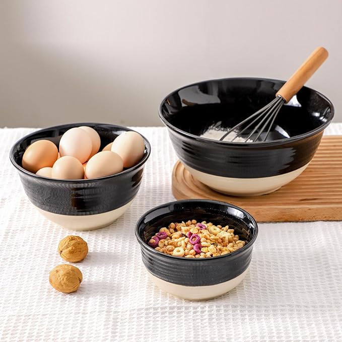 HASENSE Porcelain Mixing Bowls for Kitchen, 84/40/20 Oz Large Salad Serving Bowls Set of 3, Unique Thanksgiving Bowls Set for Entertaining Cooking Baking Serving Food, Nesting Bowls, Black
