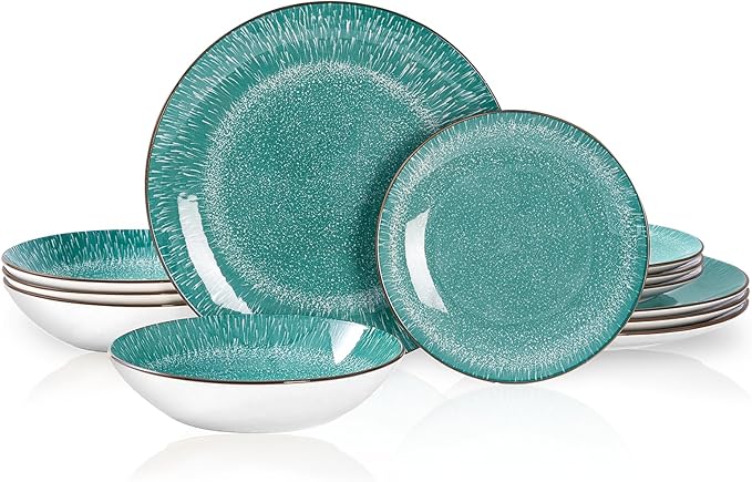 Bestone 12-Piece Round Porcelain Dinnerware Set, Service for 4, Chip Resistant Plates and Bowls,Green, Dishwasher & Microwave Safe for Home Daily Use