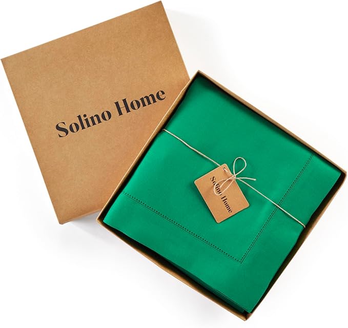 Solino Home Linen Tablecloth 60 x 120 Inch - Classic Hemstitch 100% Pure Linen Emerald Green Table Cloth for Rectangle Tables - Machine Washable Tablecloth for St Patricks Day