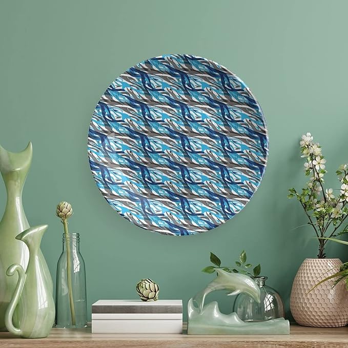 Ceramic Display Plate, Abstract Ceramic Hanging Decorative Plate, Modern Art Stripes Swirls Waves Trippy, 7 Inch, Living Room Kitchen Decoration Household, Grey Blue White