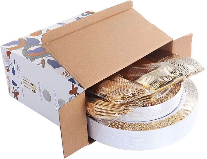 WDF 150PCS Gold Plastic Plates Set - Valentines Plates 25Guests Gold Disposable Dinnerware Sets for Valentine's Day