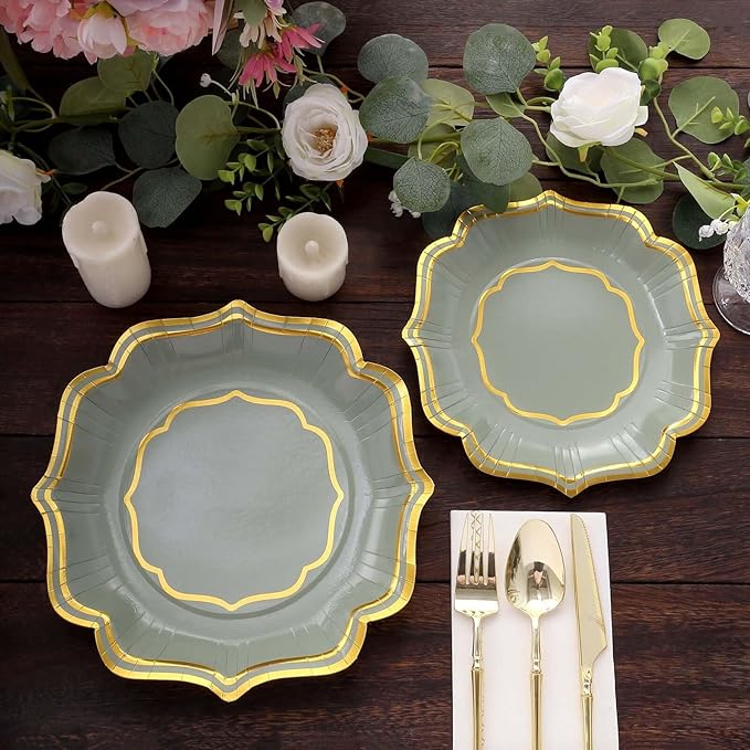 50 Pack 10" Sage Green/Gold Scallop Rim Dinner Plates, Disposable Round Paper Party Plates 300 GSM for Festive Table Decoration