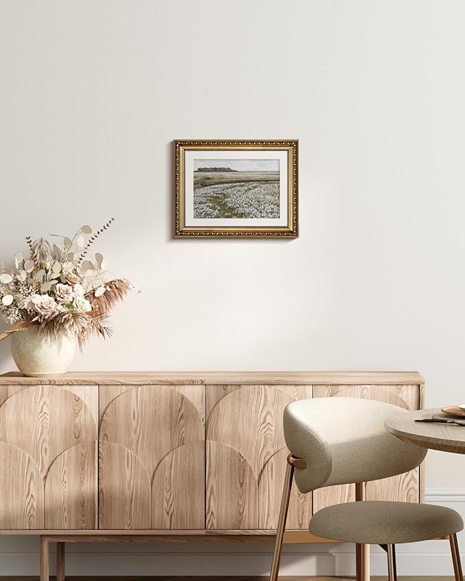 InSimSea Retro Gold Framed Wall Art, Home Room White Flowers Grassland Vintage Wall Decor, Canvas Print Artwork, Farmhouse Country Decor, Antique Picture Frame Floral Paintings, 11x14 Inch