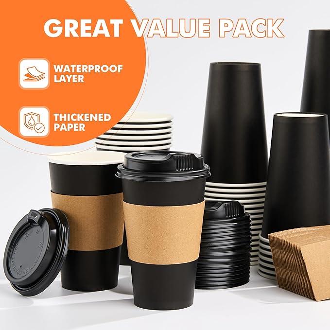 100 Pack 16 oz Disposable Coffee Cups with Lids and Sleeves, Sturdy Paper Cups for Hot/Cold Drinks, Leak-Proof To Go Coffee Cups with Lids for Home, Café, Events, Office, Black