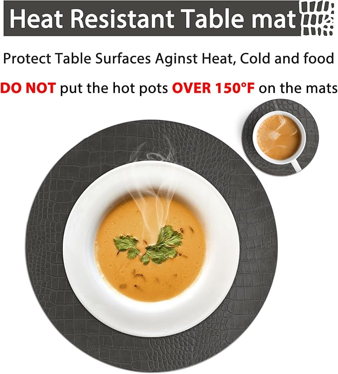 Round Leather Placemats for Round Tables Set of 4, Gray Table Place Mats and Coasters, Washable Easy to Care for Indoor Decor 13" Diameter