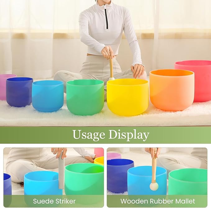 432HZ 6-12 Inch 7 Pcs Colored Frosted Crystal Singing Bowl Set for Meditation Healing Yoga Chakra Quartz Crystal Sound Bowls with Heavy Duty Carry Cases and Rubber Mallet,Suede Striker,O-rings