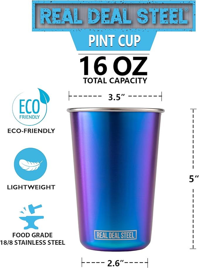 Real Deal Steel Rainbow Cups 16 oz Pint Cups, Stackable Tumblerrs, Eco Friendly Premium Metal Drinking Glasses (Iridescent)