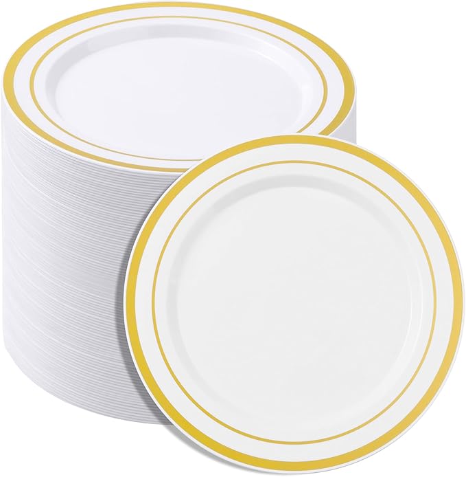 BESTSTAR 7 Inch White with Gold Rim Plastic Plates,100PCS Disposable Dessert/Appetizer/Small Cake Plates,Heavy Duty Plate Ideal for Christmas, Wedding and Birthday