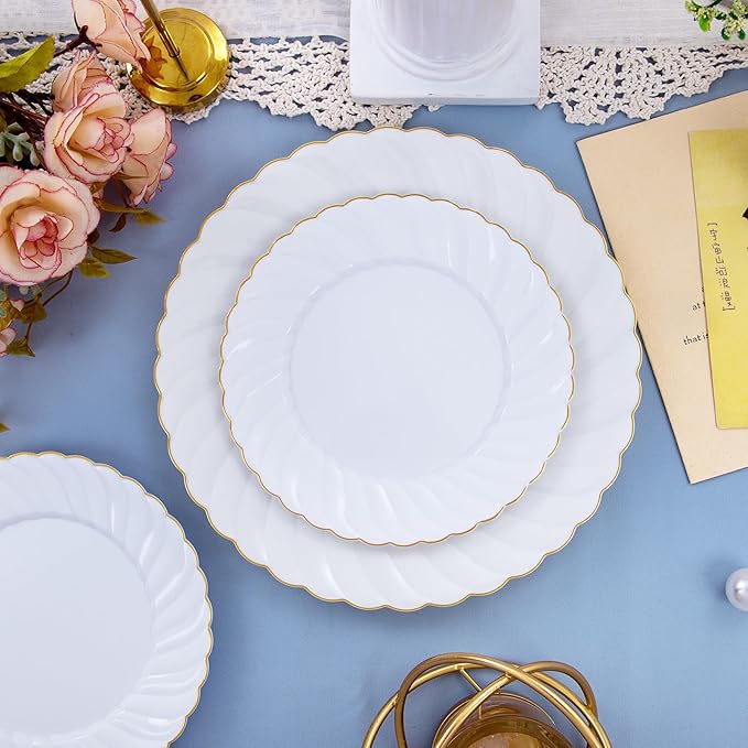 U-QE 100 Pieces Gold Plastic Plates - Premium White Plastic Plates for Party, Wedding and Daily Use Including 50PCS 9 '' Plastic Dinner Plates & 50PCS 6.5 '' Plastic Dessert Plates