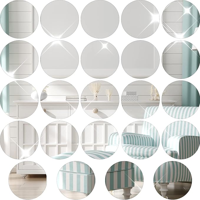 Cindeer Set of 24 Acrylic Round Mirror Plate Circle Mirror Trays Wedding Baby Shower Party Centerpieces for Tables Self Adhesive Non Glass Stickers for Home or Wall Candle Crafts Decor(12 Inch)