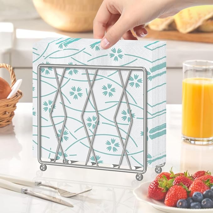 Napkin Holder for Table, Modern Metal Napkin Holders for Paper Napkins & Kitchen Dining & Countertops, Cocktail Upright Napkin Holder Dispenser Suitable for All Room Decors (Large, Silver)