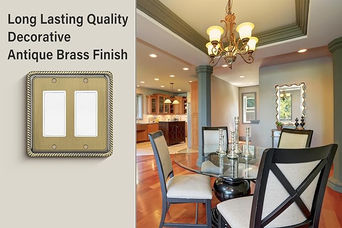 Henne Bery Rope Edge Decorative Wall Plate Switch Plate Outlet Cover (Double Decorator, Antique Brass)