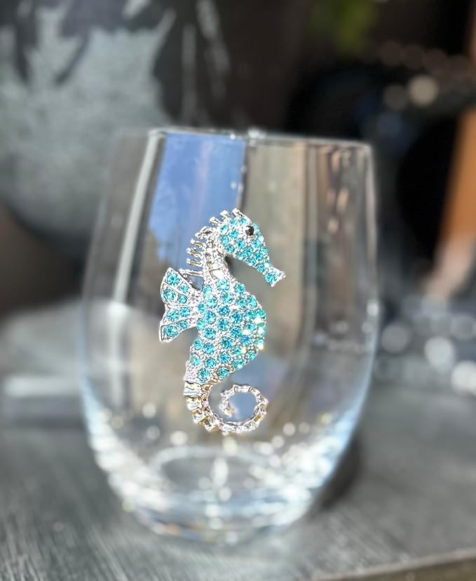 THE QUEENS' JEWELS Blue Seahorse Jeweled Stemless Wine Glass, 21 oz. - Unique Gift for Women, Birthday, Cute, Fun, Not Painted, Decorated, Bling, Bedazzled, Rhinestone