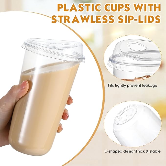 Baderke 100 Pcs Plastic Cups with Sip Lids Round Bottom Disposable Plastic Coffee Cups with Lids Clear Strawless Crystal Mugs for Iced Coffee Smoothie Cold Beverage Party Catering Supplies (20 oz)