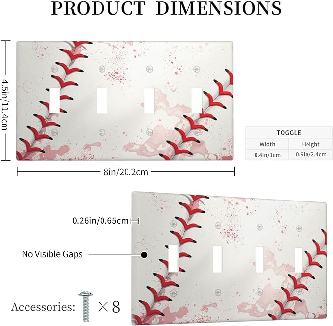 Light Switch Cover Baseball Sports Ball Game 4 Gang Switch Plate Quad Toggle Wall Plates Decorative Switchplate Electrical Outlet Cover for Bathroom Bedroom Decor
