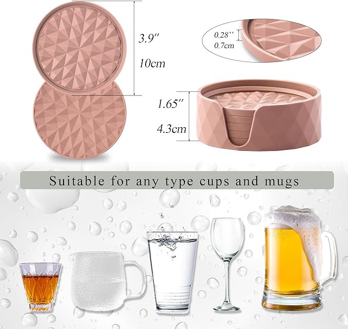 Silicone Coasters for Drinks[6 Pack]- Cup Mat with Holder for Tabletop Protection-Non-Slip, Non-Stick, Coffee Table Decor, Great Gift for Any Occasion, Pink