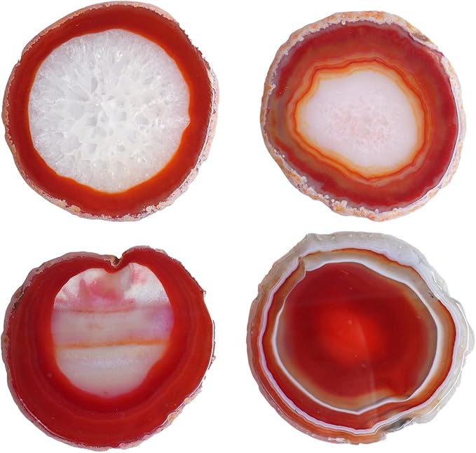 Natural Agate Coasters Set of 4 - Dyed Orange Red Irregular Circle Stone Drink Coasters with Rubber 3-4" Unique Home Decor for Coffee Table Wedding Creative Cards