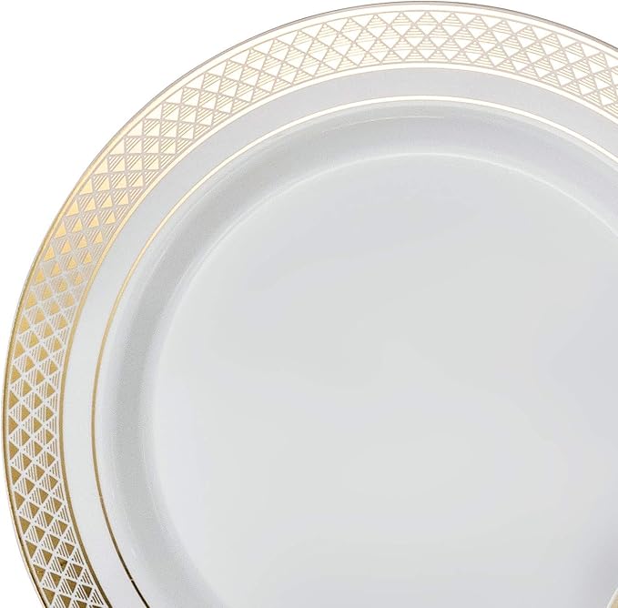 OCCASIONS 240 Plates Pack,(120 Guests) Heavyweight Premium Wedding Party Disposable Plastic Plates Set -120 x 10.5'' Dinner + 120 x 7.5'' Salad/Dessert (Celebration White & Gold)