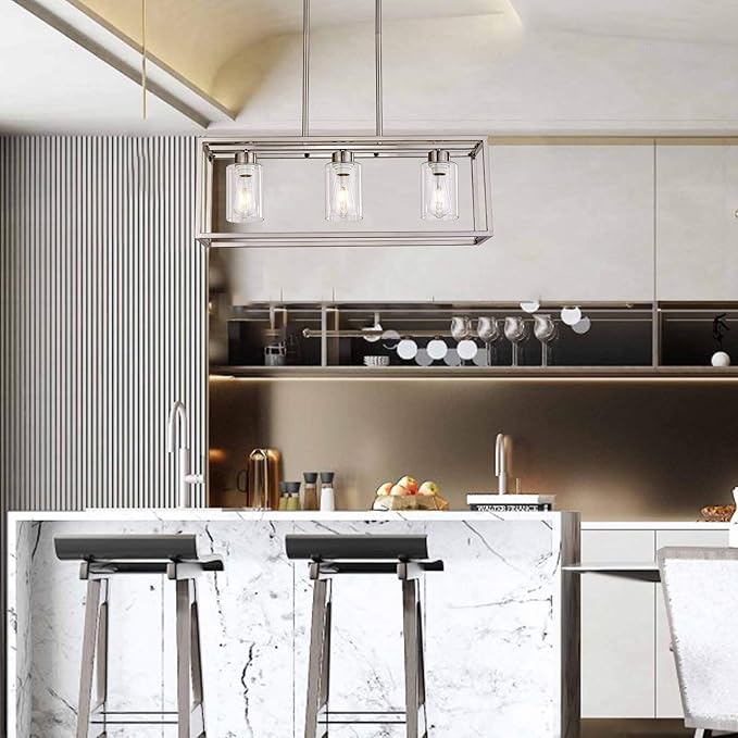 XILICON Dining Room Lighting Fixtures Hanging Farmhouse Brushed Nickel 3 Light Modern Pendant Lighting Contemporary Chandeliers with Glass Shade for Living Dining Room Bedroom Kitchen Island