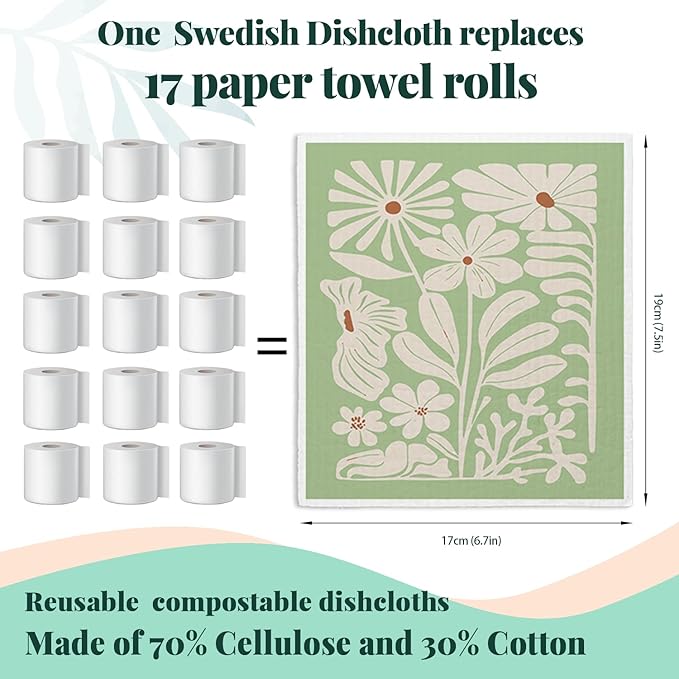 Spring Flower Swedish Dishcloths for Kitchen, Boho Sage Green Swedish Dish Cleaning Cloths for Floral, 4 Pack Dish Towels for Kitchen, Papaya Reusable Paper Towels Washable