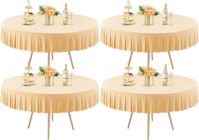 4 Pack Champagne Spandex Round Tablecloths for 72in Table, Stretchy Fitted 6FT Round Table Cloths, Wrinkle Free Table Cover with Skirt for Wedding Birthday Party Bridal Shower Banquet