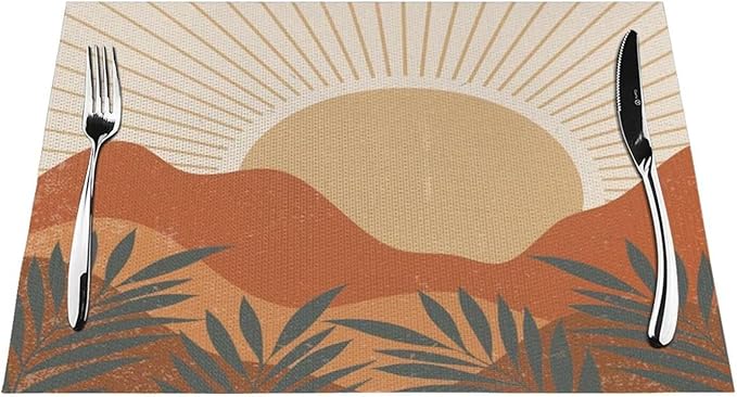 Mid Century Boho Sunset Placemats Vintage Farmhouse Abstract Plant Mountain Sunset Washable Place Mats 12x18Inch for Dining Kitchen Farmhouse Decor 6 PCS