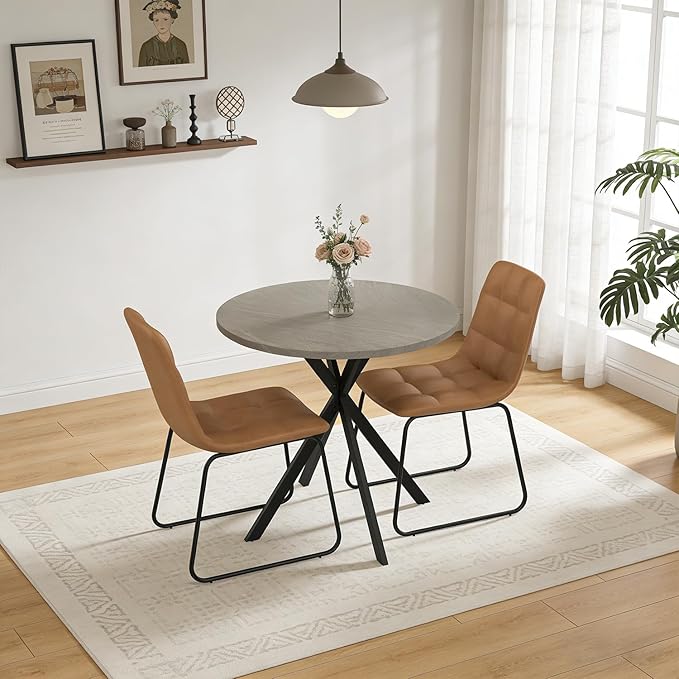 31.5" Round Dining Table Chairs Set for 2, Small Dining Table Chairs Set Space-Saving, Small Dinette Sets for 2 for Kitchen Dining Room Apartment(Gray Table +Brown Chairs)