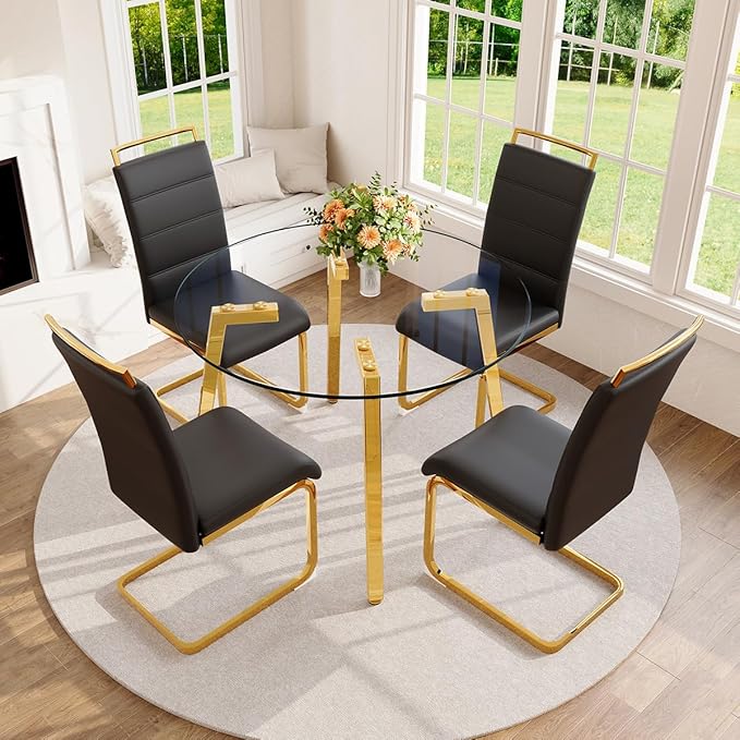 42" Round Glass Dining Table Set for 4,Modern Breakfast Table Set for 4 with Luxury Gold Chrome Legs,Space Saving Kitchen Table and Black Chairs for Apartment,Easy Assembly