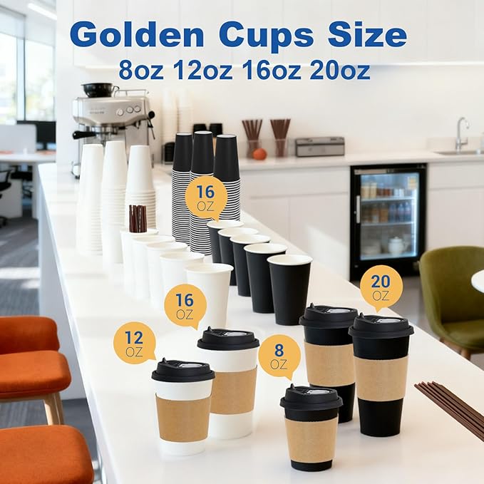 20 oz 50 Pack Coffee Cups with Lids and Sleeves, Straws, Hot Disposable To Go Travel Paper Cups Bulk for Office, Home Coffee Bar Accessories, Chocolate, Cocoa, Beverage (White)