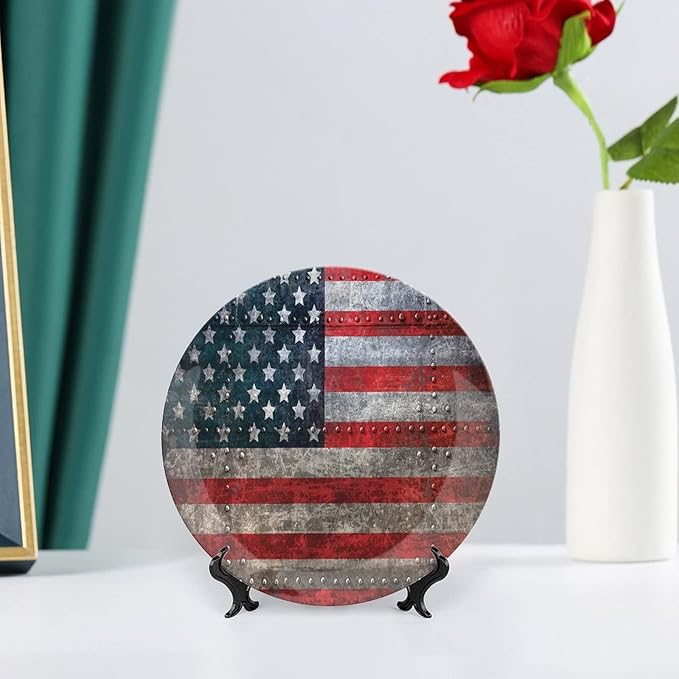 Ceramic Display Plate, American Flag Ceramic Hanging Decorative Plate, US Flag Plate, 8 Inch, Household Custom Ceramic Plate, Multicolor