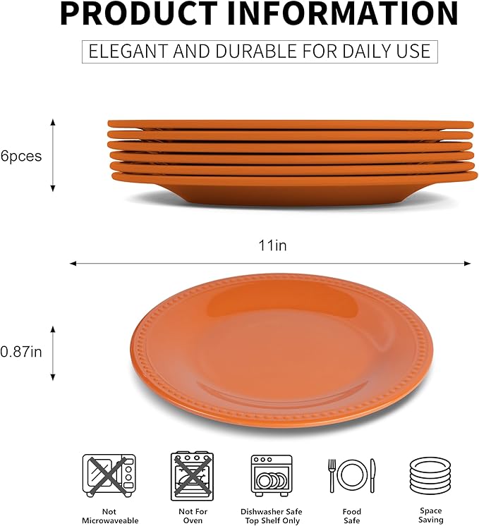Melamine Beaded Dinner Plate Set of 6, 11inch, Fall, BPA Free, Platter, Serving Dishes, Chip & Break Resistant, Lightweight, Durable, Great for Dining, BBQs, Picnics, Weddings & Everyday Meals