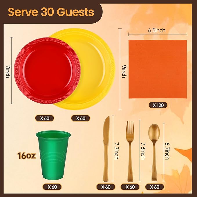 Kochorie 240 Pieces Plastic Dinnerware Set Disposable Heavy Duty Plates Napkins Cups and Silverware Dessert Dinner Plates for Birthday Wedding Thanksgiving Party Supplies, Serves 30 Guests