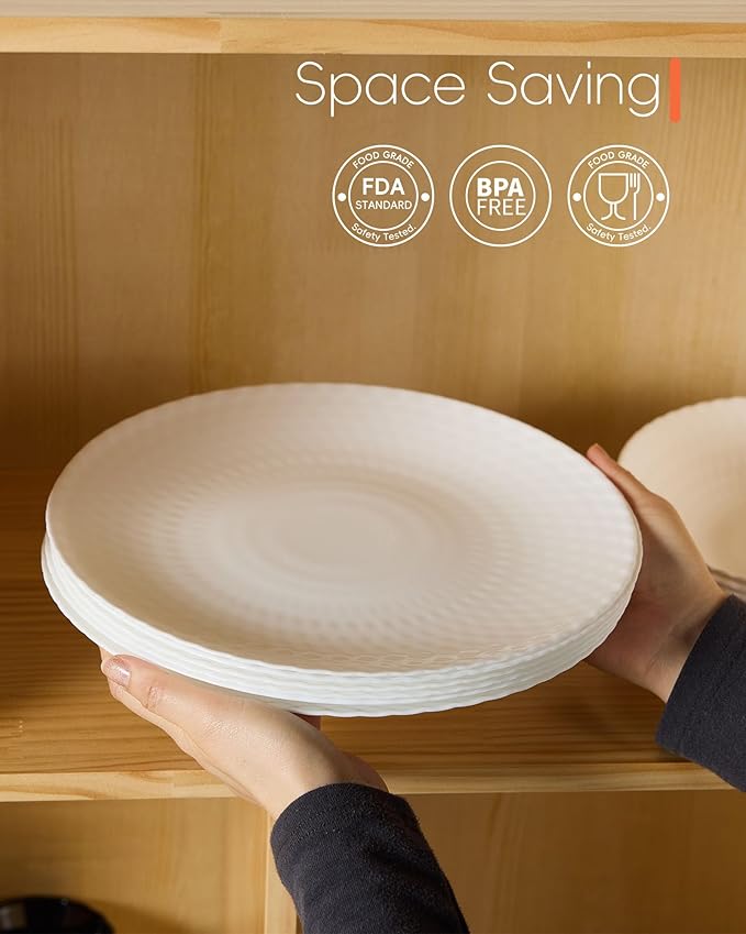10.5 inch Dinner Plate Set of 6, Round Opal Glass Geometric Faceted White Dinnerware Plates, Dishwasher and Microwave Safe