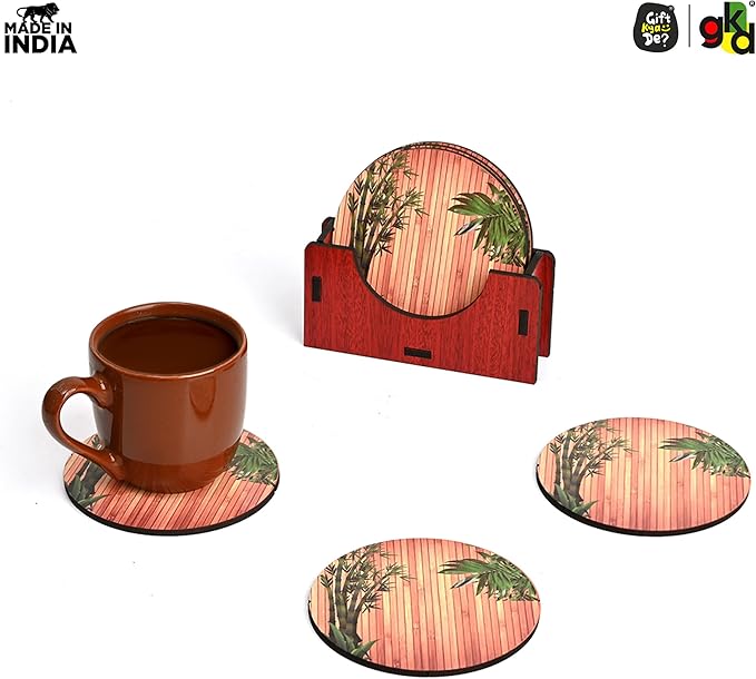 GKD Wooden Coasters for Drinks, MDF Wooden Coasters Set of 6 with Holder, 3.5 inches Eco-Friendly Absorbent Coaster for Coffee Table, Office, Bar, Drinking Glasses, Tabletop Protection