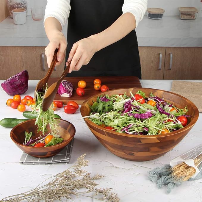 AIDEA Salad Bowls, Wooden Salad Bowls Set, Large Acacia Wood Serving Bowl for Fruits, Salad, 12.5" Big Salad Bowl with Serving Utensils
