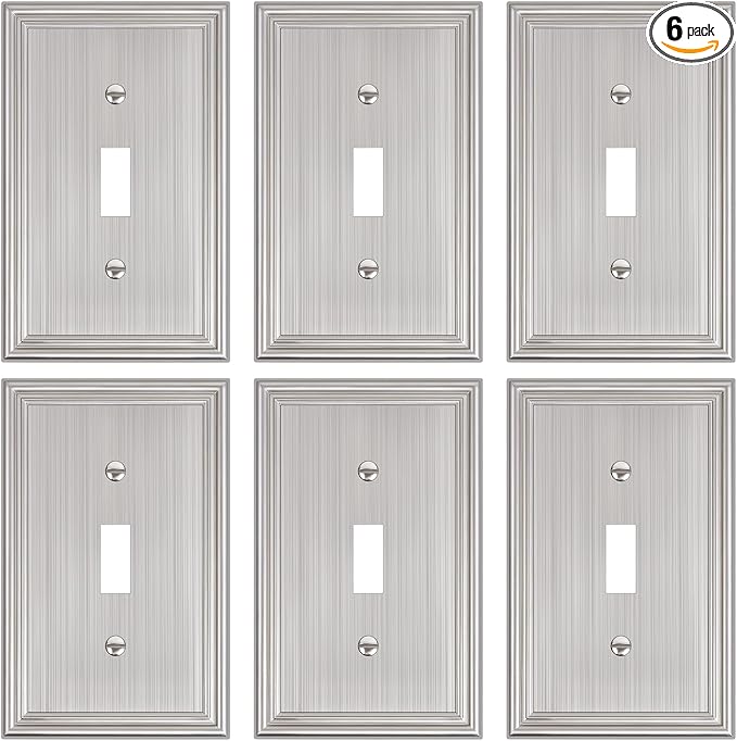 6-Pack Single Toggle Light Switch Cover Plate, Durable Solid Zinc Alloy Decorative Switch Plate Covers, Brushed Nickel 1 Gang Wall Plate, Corrosion Resistant