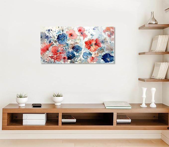 ADJUVANT Wall Art Watercolor Vibrant Floral 60"L x 30"W, Colorful Poppies With Soft Hues Canvas Painting Lively Blooms Artwork Delicate Tones Prints Wall Decor for Living Room Bedroom Bathroom Home Office