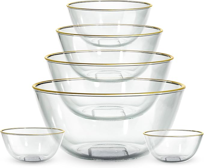 COOK WITH COLOR 12 Pc Glass Mixing Bowl Set with Lids – Borosilicate Glass Nesting Bowls for Cooking, Baking and Meal Prep, Gold Rim