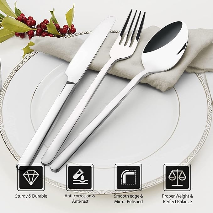 KINGSTONE Bone China Dinnerware Set for 8 with 40 Piece Silverware Set for 8, Dishwasher Safe, Tableware for Daily Use with Elegant Design